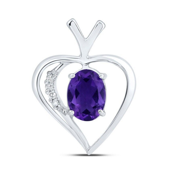 Lab Oval Amethyst & Natural Diamond Heart Pendant Charm 925 Sterling Silver - Picture 1 of 1
